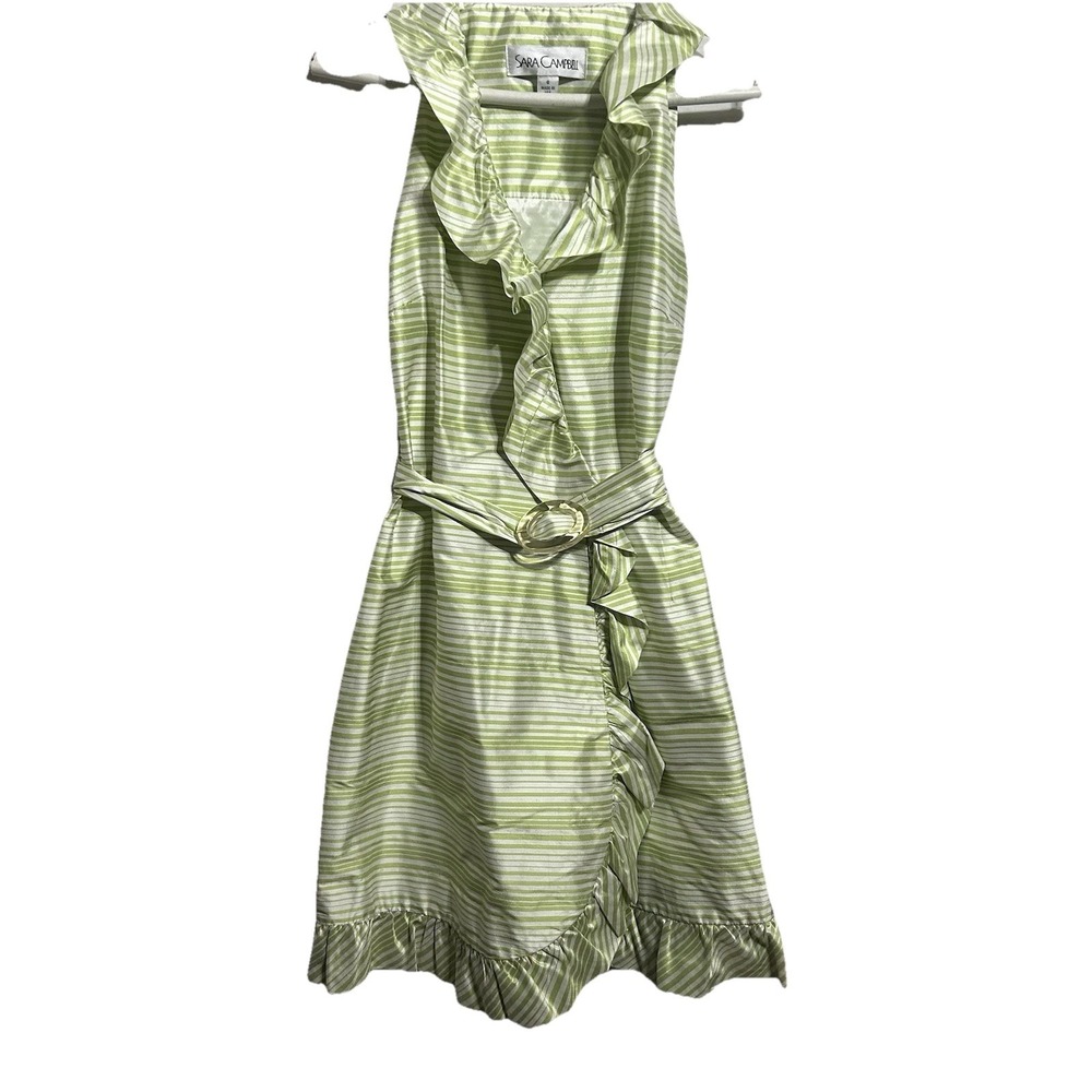 Sara‎ Campbell 100% Silk Striped Green Ruffled Belted Wrap Dress Made USA Size 6